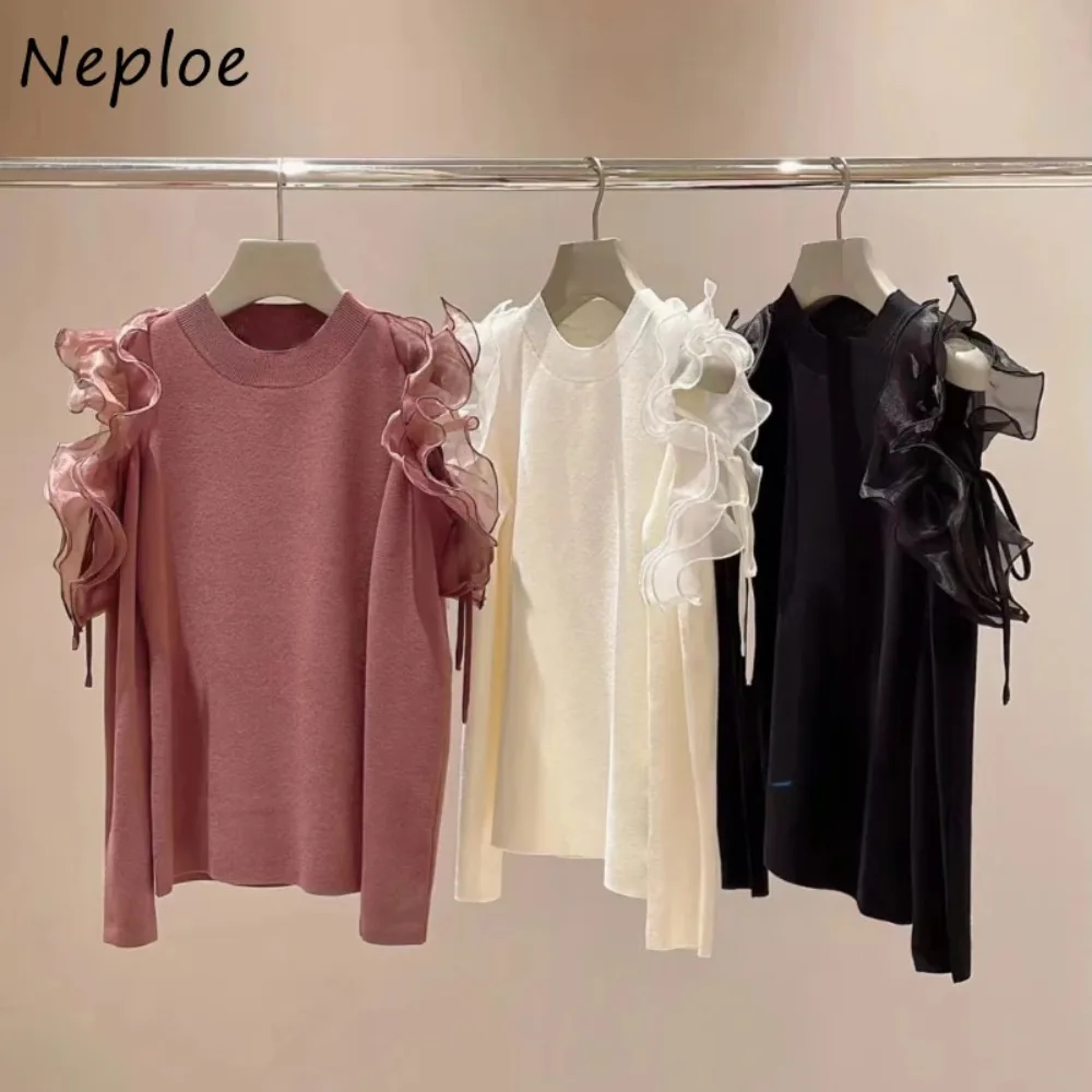 Neploe O Neck Butterfly Sleeve Sweet Solid Jumper Casual Fungus Elegant Shoulder Strapless Sweaters Japan Voile Knit Moda Tops