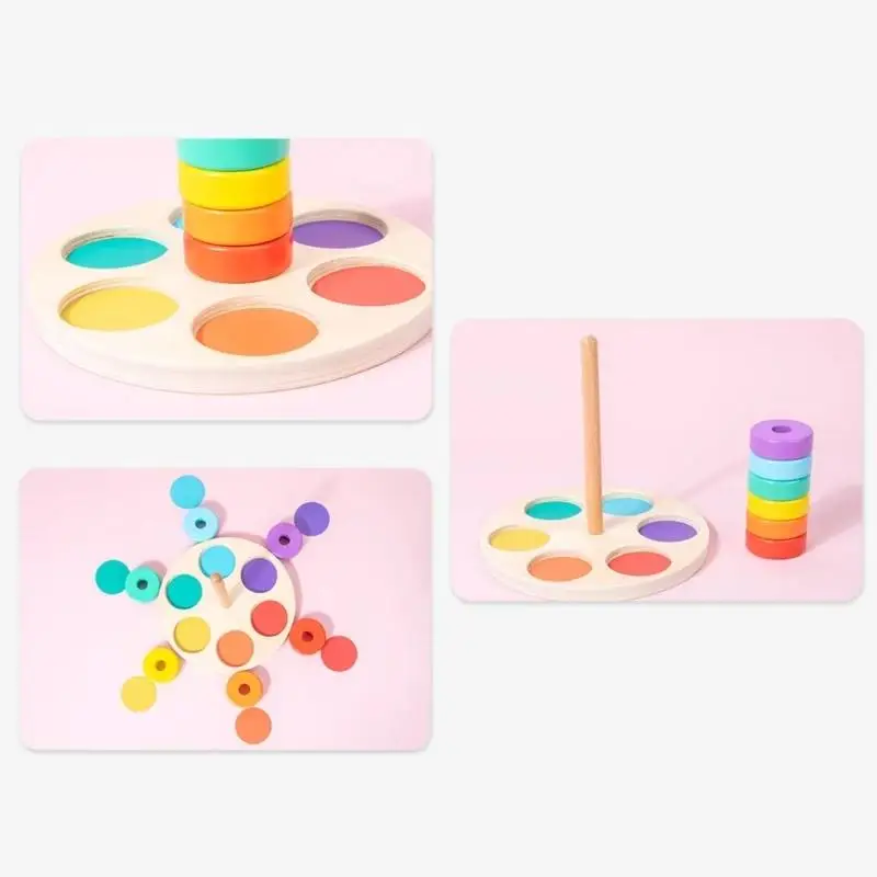 Baby Houten Regenboog Stapelspeelgoed Montessori Kleurrijke Blokken Classificatie en Geneste Spelletjes Fijne Motoriek Training Vorm Matching