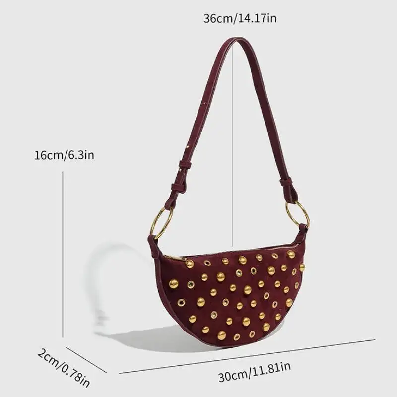 Designer Studded Crescent 2025 New Women's Metal Underarm High-End Retro Rivet Polka Dot Shoulder Bag