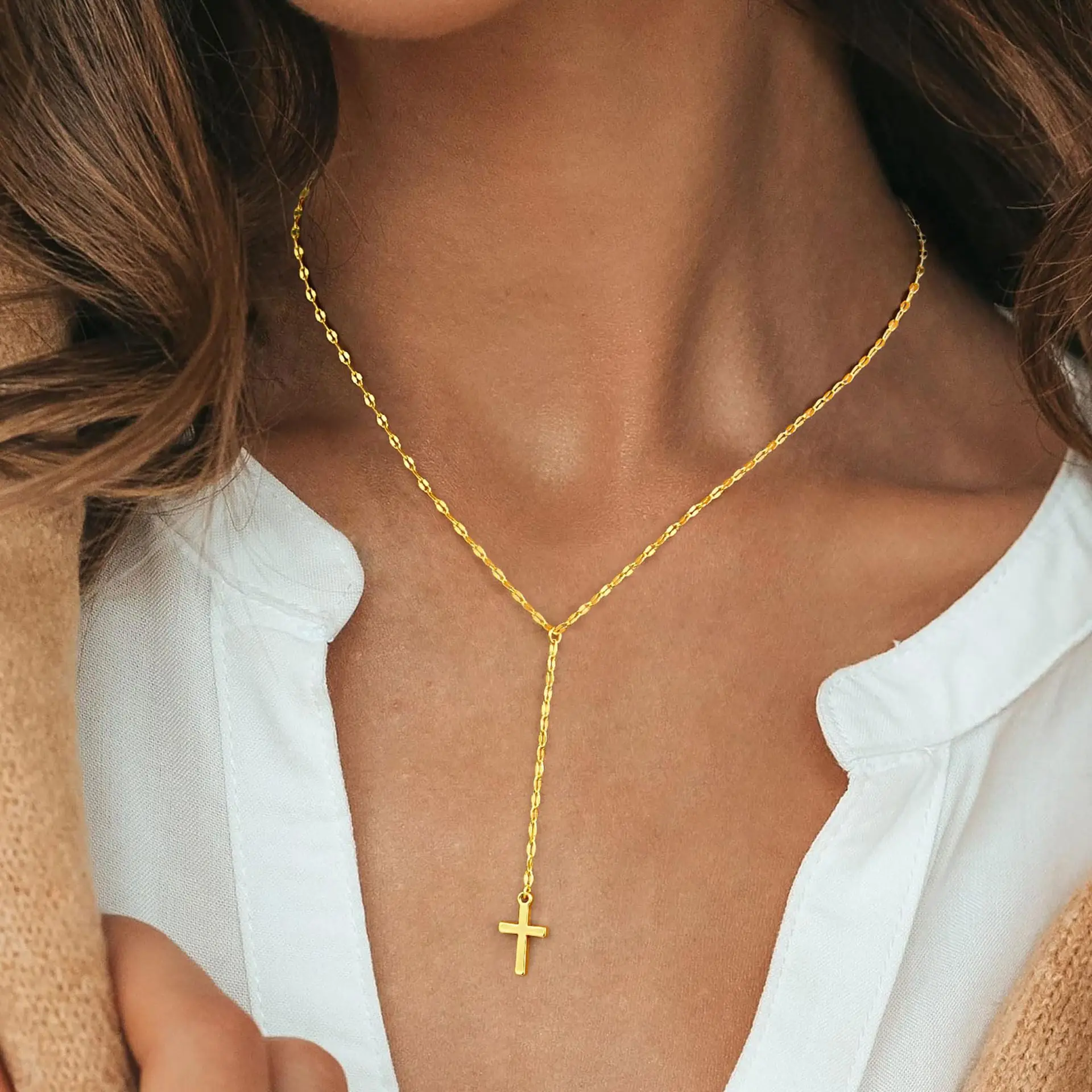 Y Shape Women Necklace Stainless Steel Lariat Necklace Elegant Cross Necklace