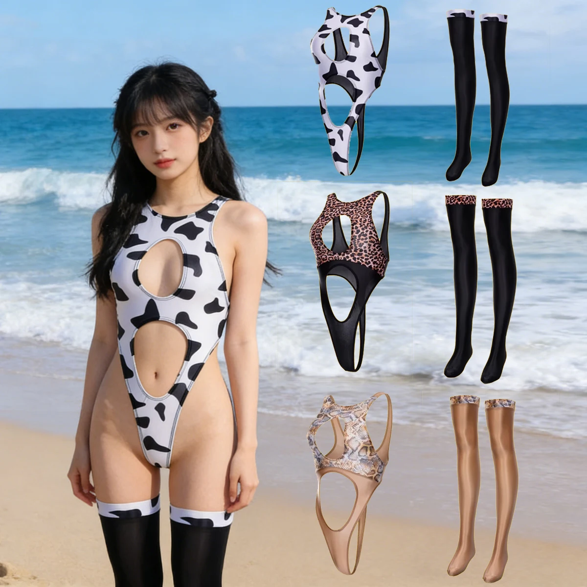 

Женский сексуальный глянцевый купальник-боди из тонкого атласа с японским принтом, эластичный, с высоким вырезом, с вырезами, облегающий, с длинными чулками