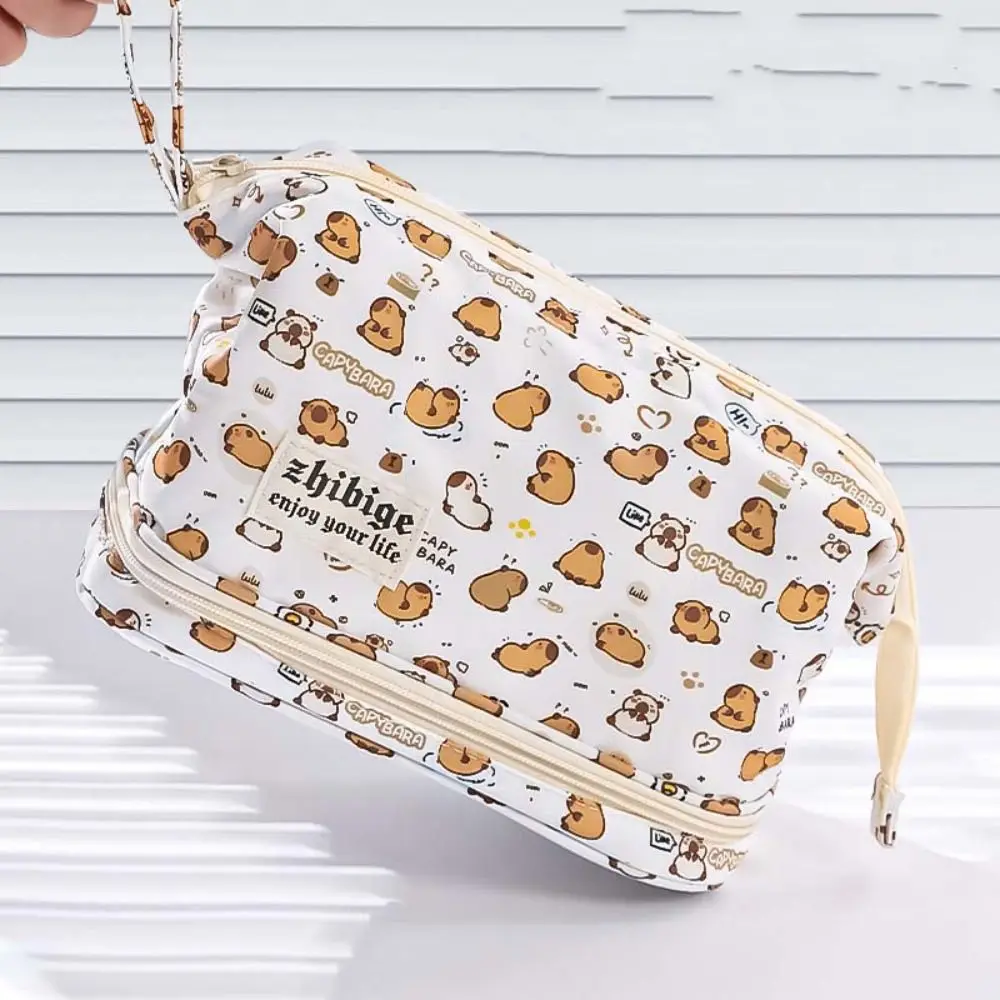 Dog Capybara Makeup Lipstick Bag Animal Double Layer Capybara Travel Wash Handbag Cosmetic Bag Zipper