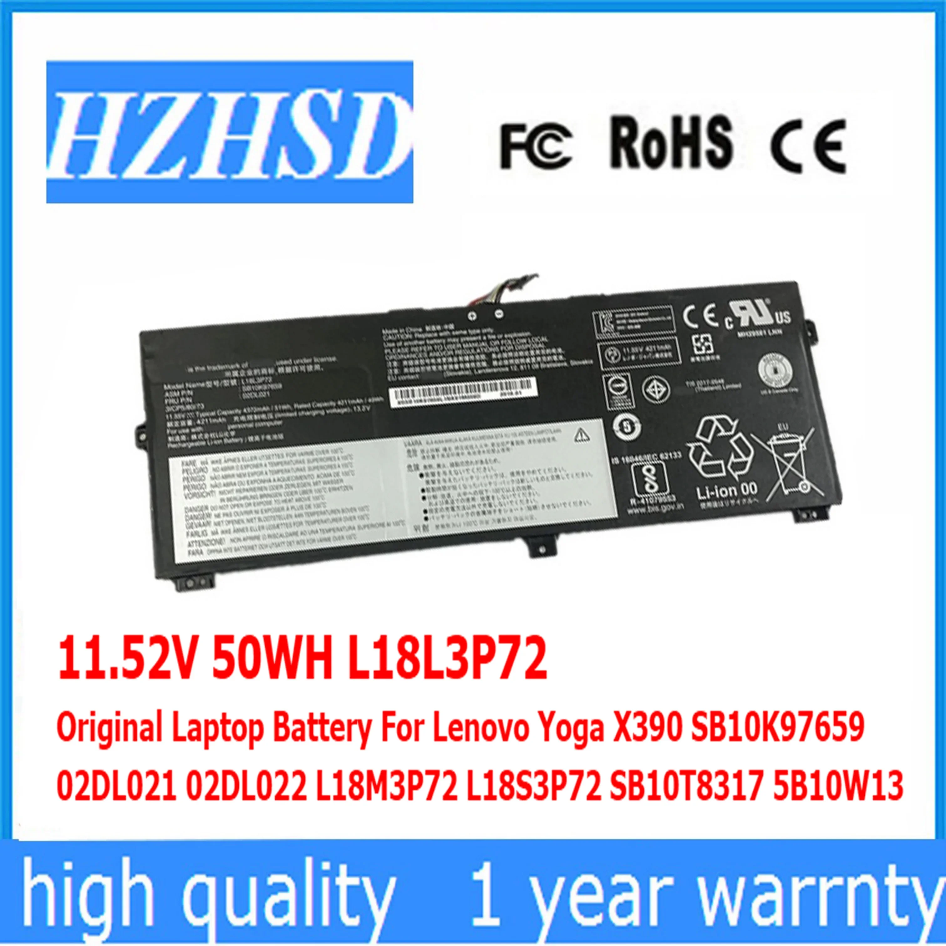 11.52V 50WH L18L3P72 Original Laptop Battery For Lenovo Yoga X390 SB10K97659 02DL021 02DL022 L18M3P72 L18S3P72 SB10T8317 5B10W13