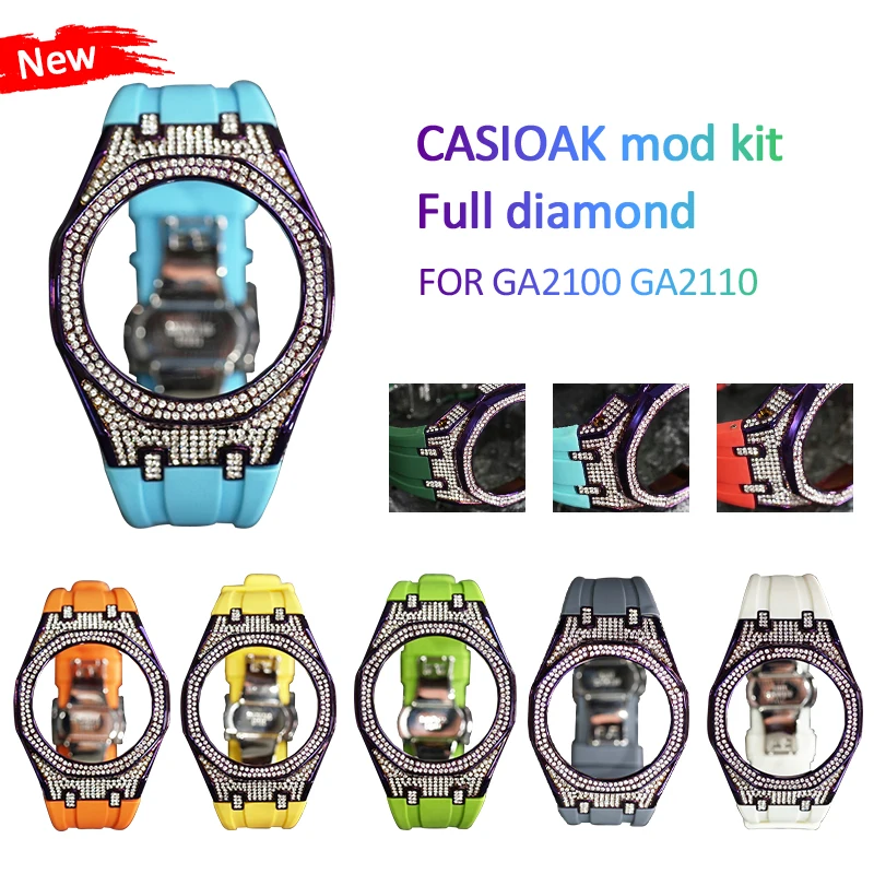 

Black Rose gold Purple FUll diamond CASIOAK GA2100 GA2110 5A zirconia Watch Case mod kits bracelet with rubber strap set