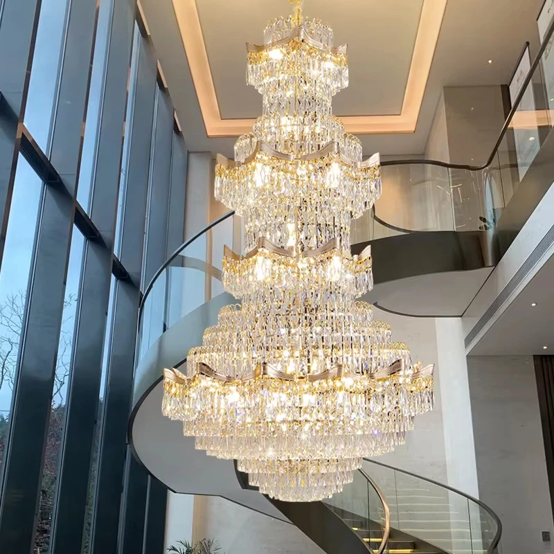 Duplex Building With Empty Living Room Crystal Chandelier Villa Mid Floor Lobby Chandelier Hotel Lobby Staircase Long Pendant