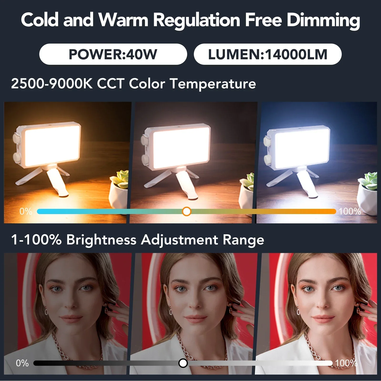 40W LED Camera Light CRI/TLCI 96+ 2700-6200K Bi-Color 6400mAh Photo Studio Video Lamp Handle Portable onCamera Photography Light