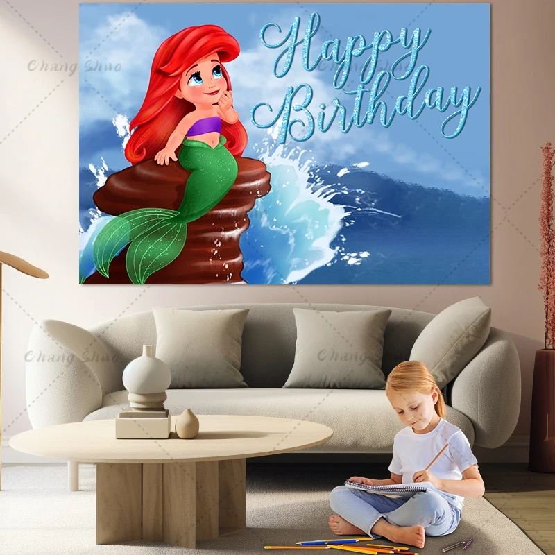 Disney Princess Ariel Backdrop Little Mermaid Girls Birthday Party Decoration Banner Baby Shower Vinyl Photography Background