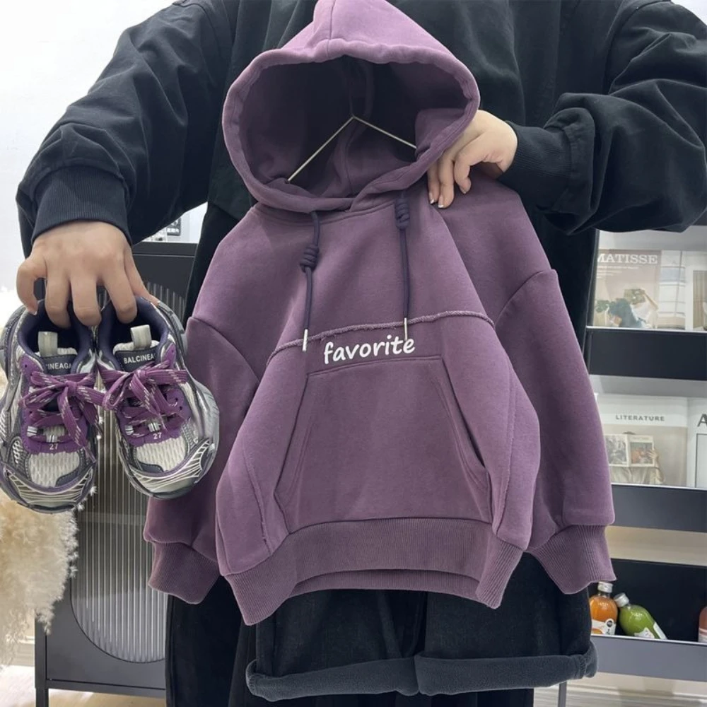 Boys Fleece Lined Hoodie Autumn Winter Purple Letter Print Sweatshirt Korean Style Kids Pullover Warm Clothing