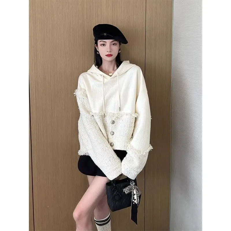Chic Hoodie Patchwork Tassel Autumn Winter Korean Fashion Pullover Women Long Sleeve Loose Sweater 2023 New