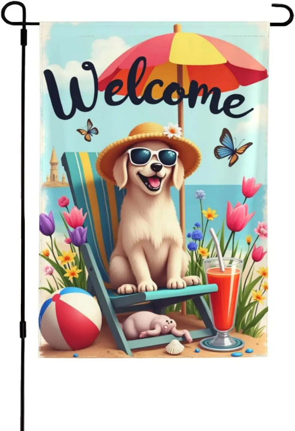 Dog On Beach with Umbrella and Drink Garden Flag Yard Flag House Flag 12X18 InDouble Sided Beach Design Outdoor Decor Summer AAS