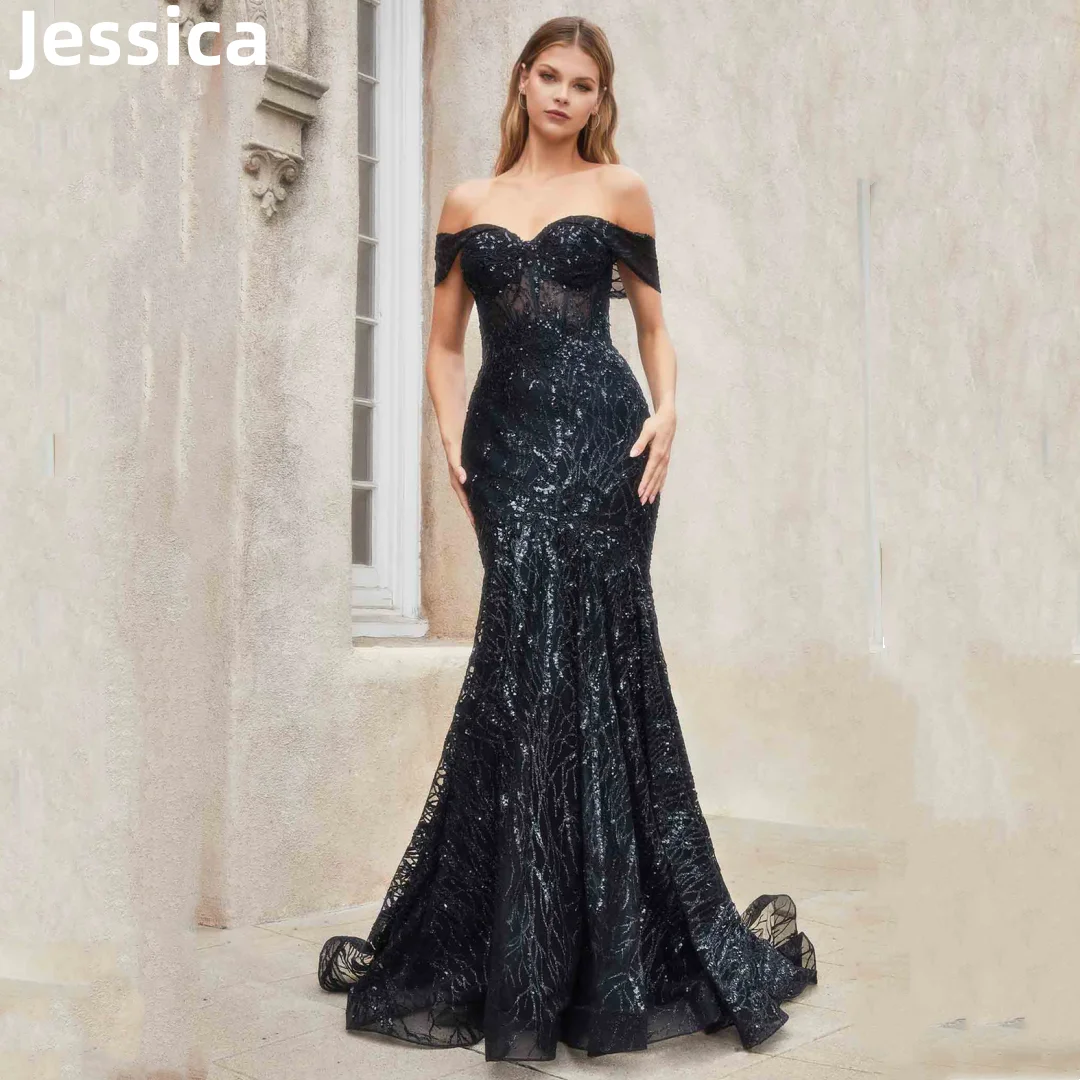 Jessica Luxury Glitter Sequins Prom Dresses Sexy Mermaid Women's Evening Dresses Black Graduation Party Dresses Wedding Dress