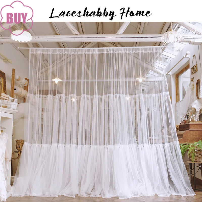 

Princess Style White Gauze Lace Pleated Skirt Screen Curtains for Living Room Bedroom French Window Balcony Floating Window