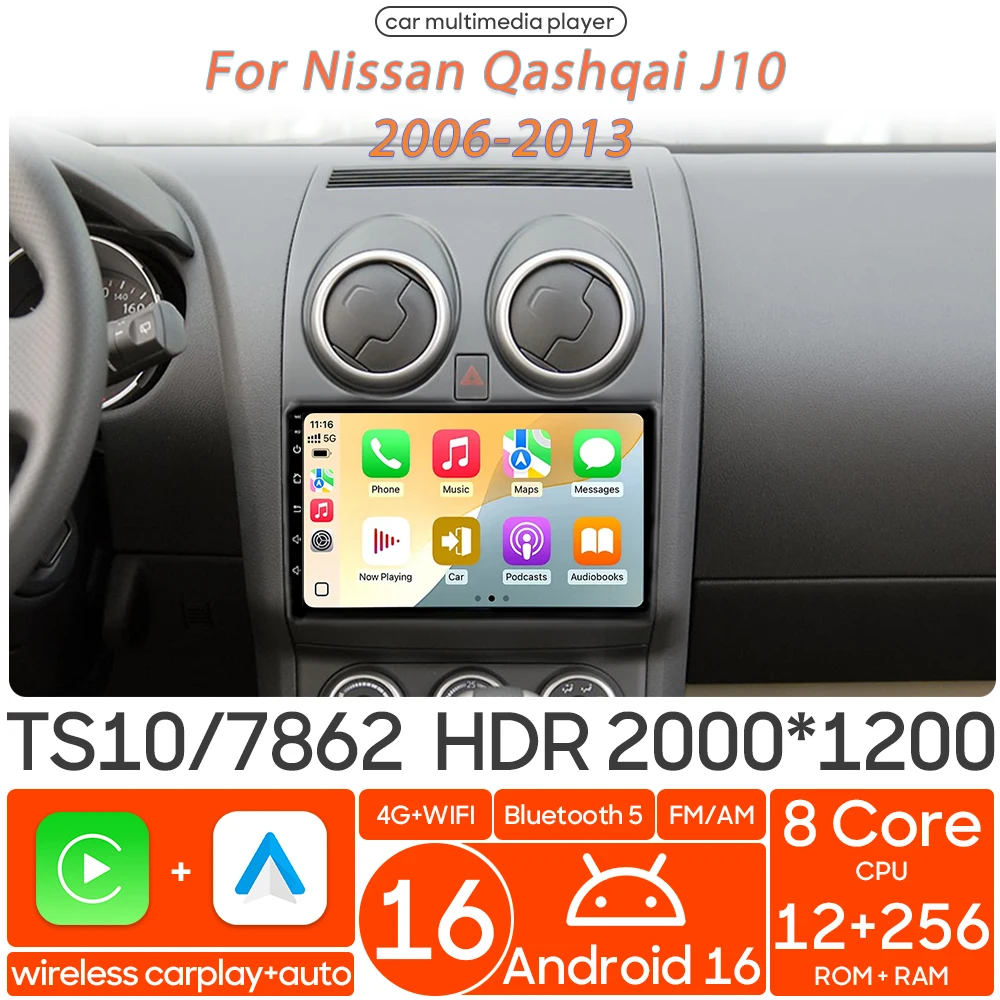 

Мультимедийный проигрыватель Android 16 для Nissan Qashqai J10 2006-2013 с беспроводным CarPlay, автомагнитолой, видео, Wi-Fi, навигацией и GPS