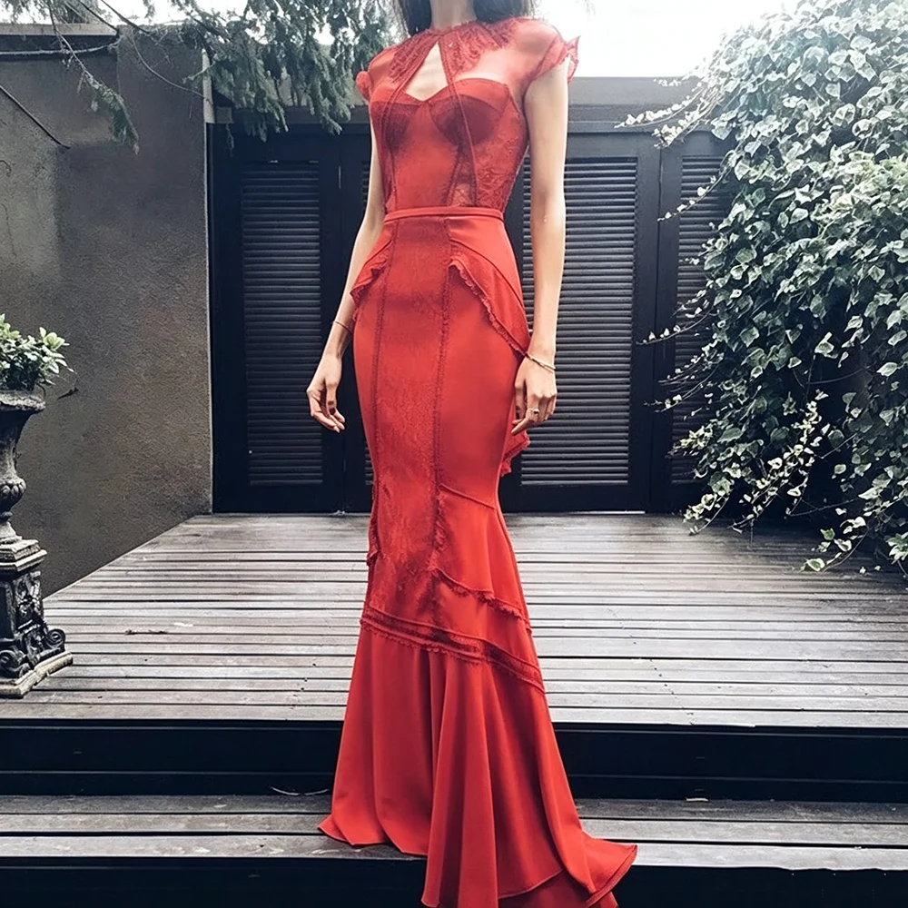 Gorgeous Red O Neck Design Fashion Sleeveless Slim Fit Mermaid Evening Dress Elegant Floor Length Prom Party Gown Customized