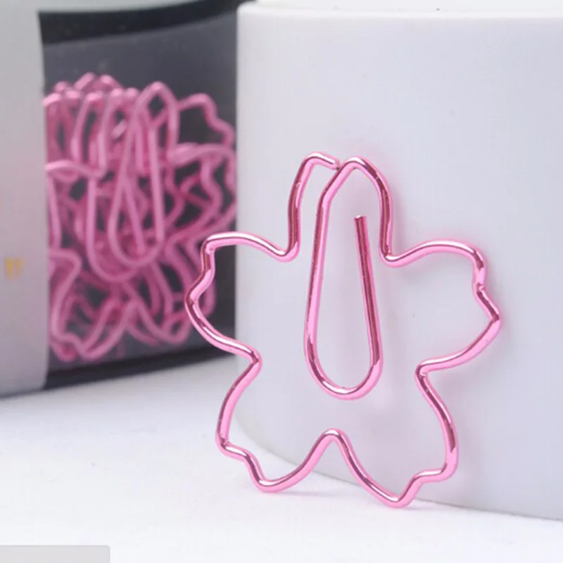 12pcs/lot TOP QUALITY Plated Pink Paper Clips Sakura Paper Needle Bookmark Metal Memo Clip Stationery Cherry Blossoms Box Clips