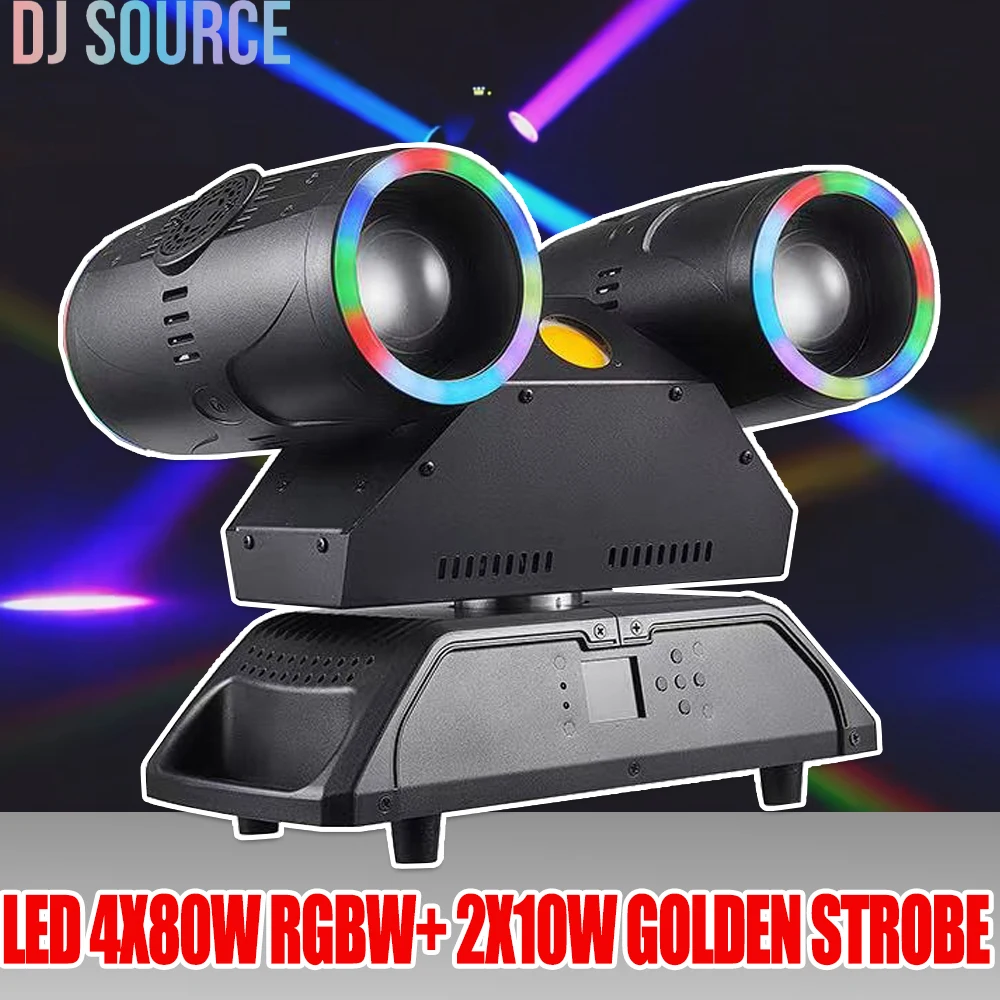 

2 Head LED 4X80W RGBW Beam Moving Head Light With Ring 2X10W Golden Strobe Wash Stage Light DMX512 DJ Disco Club Stage Effect