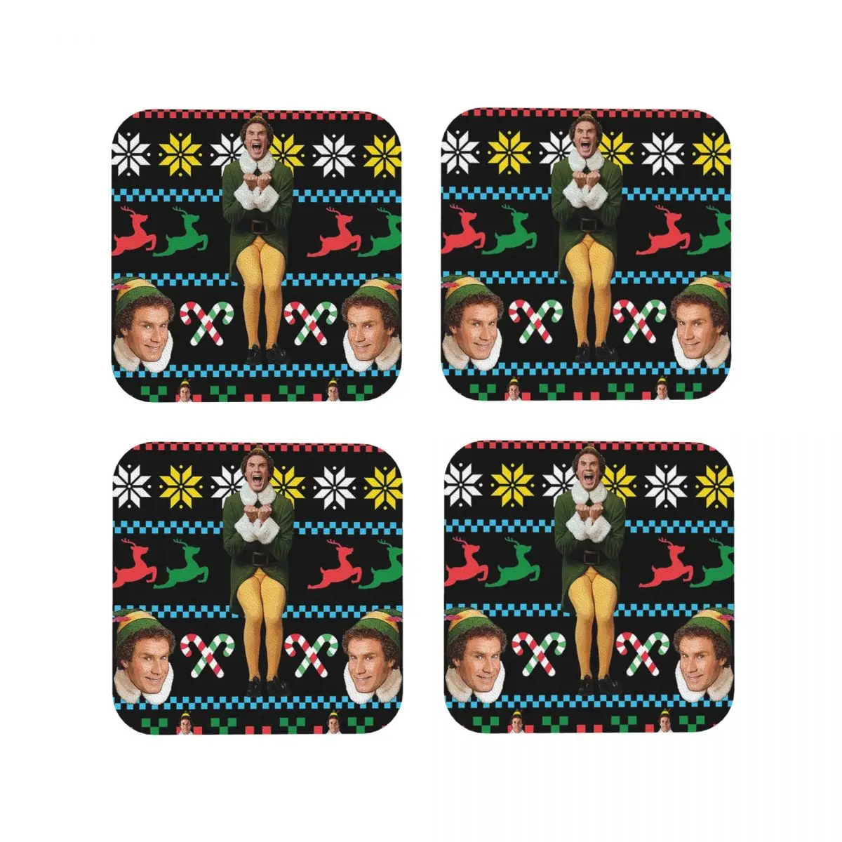 Buddy The Elf Ugly Christmas Xmas Movie Will Ferrell Coasters Kitchen Placemats Insulation Cup Coffee Mats For Decor Set of 4