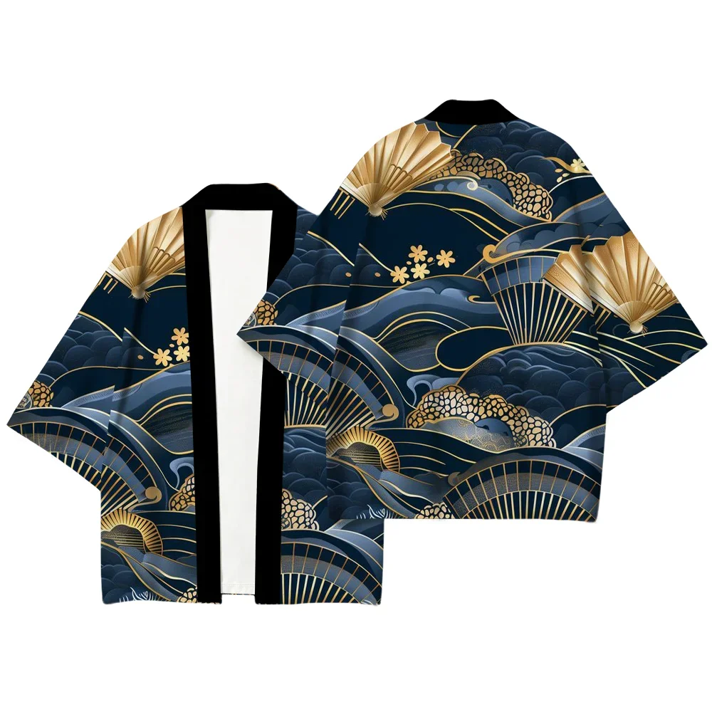Japanese Haori Kimono Cardigan Golden Fan Wave Cloud Print Vintage Loose Yukata Jacket Beach Cover Up Streetwear Tops