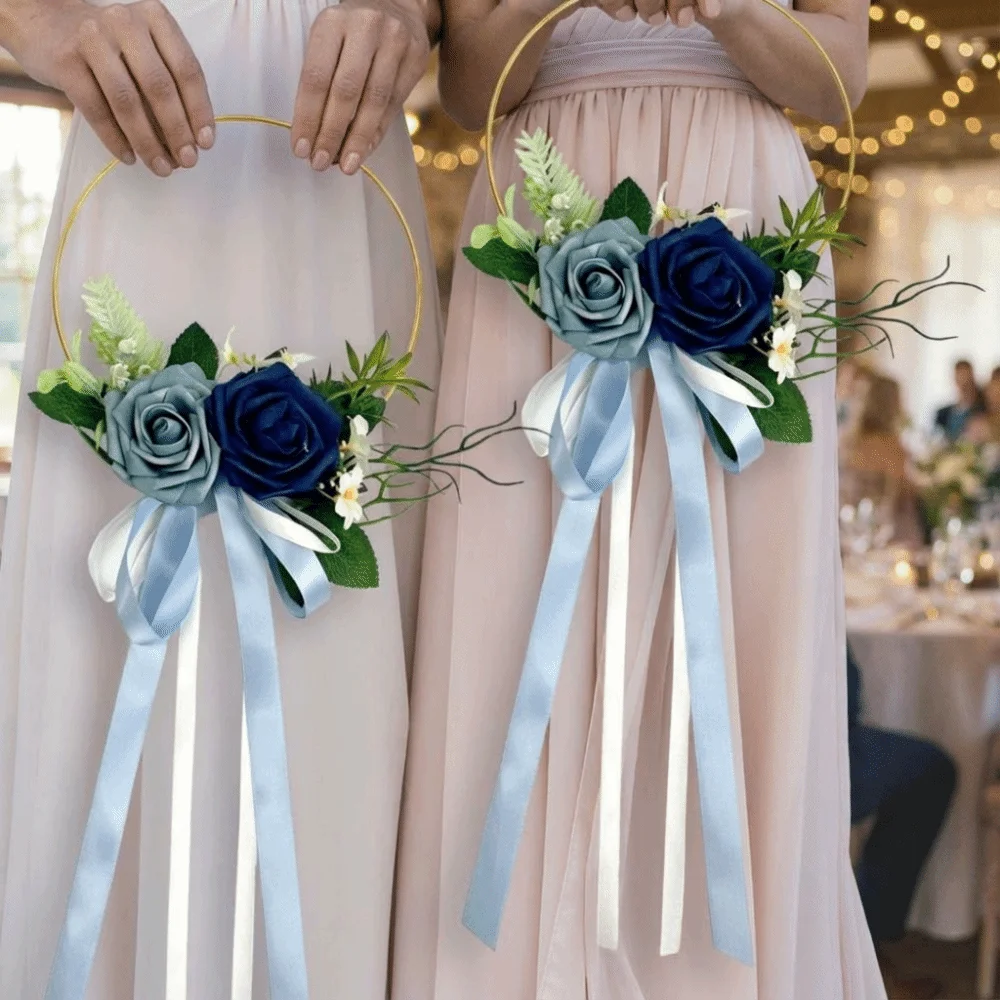 Romantic Wedding Gold Hoop Bouquet Handheld Simulation Artificial Rose Garland Realistic DIY Wedding Decor Wreath