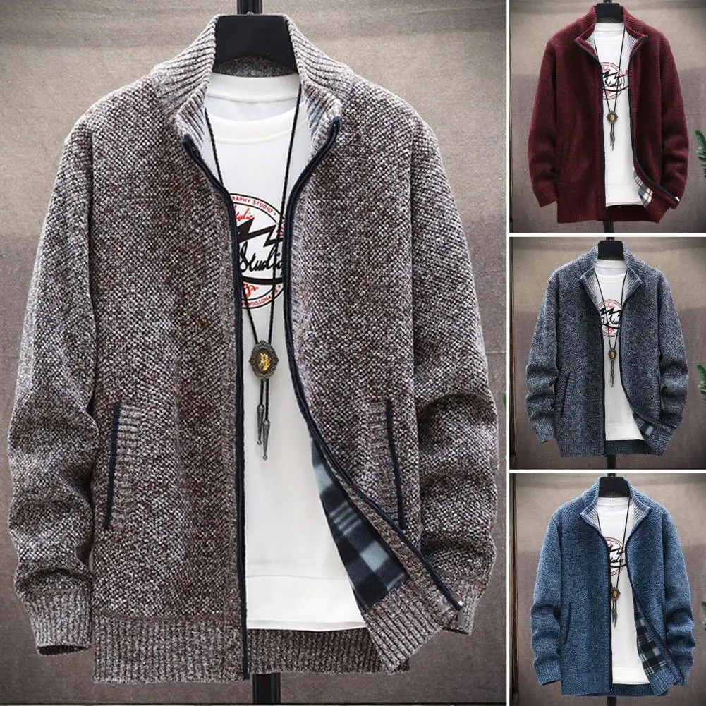 

Knitted Texture Men Jacket Thick Warm Men's Winter Coat Knitted Stand Collar Zipper Closure Pockets Jacket Sweater for Comfort