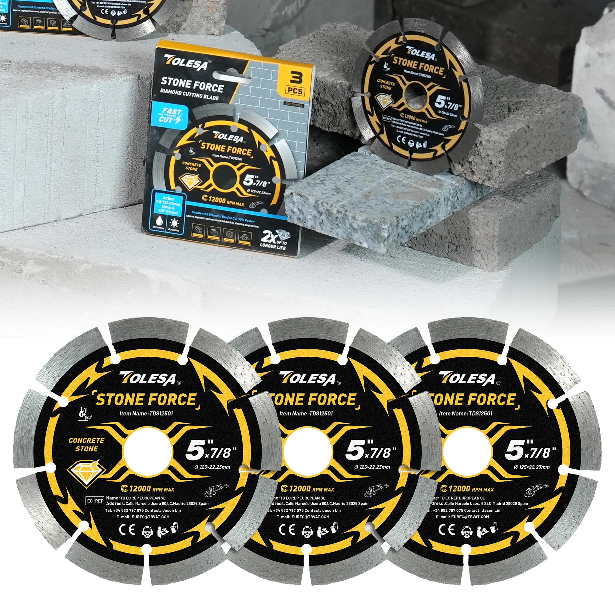 

TOLESA 3PCS 115mm-125mm Segmented Diamond Blade for Angle Grinder Diamond Cutting Wheel Stone Blade Fast Cut Masonry Concrete