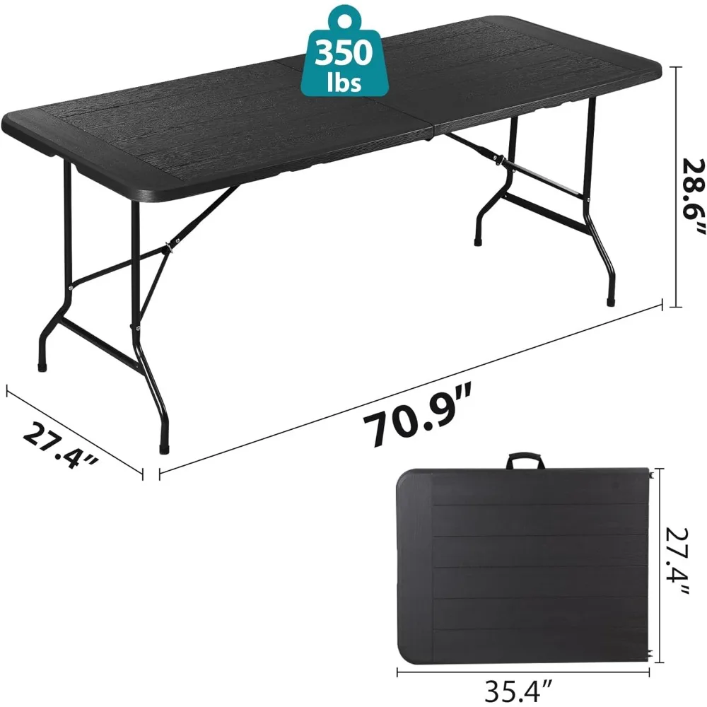 โต๊ะปิกนิกพับได้แบบพกพา 6 ฟุต โต๊ะรับประทานอาหารสำหรับงานปาร์ตี้ในร่มกลางแจ้งพร้อมที่จับ สีดำ 71 x 27