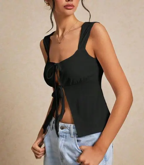 

Women's Vest 2026 Summer Sexy Fashion Spicy Girl Style V-Neck, Lace Up Front Hollowed Out Slit Design Sleeveless Camisole Top