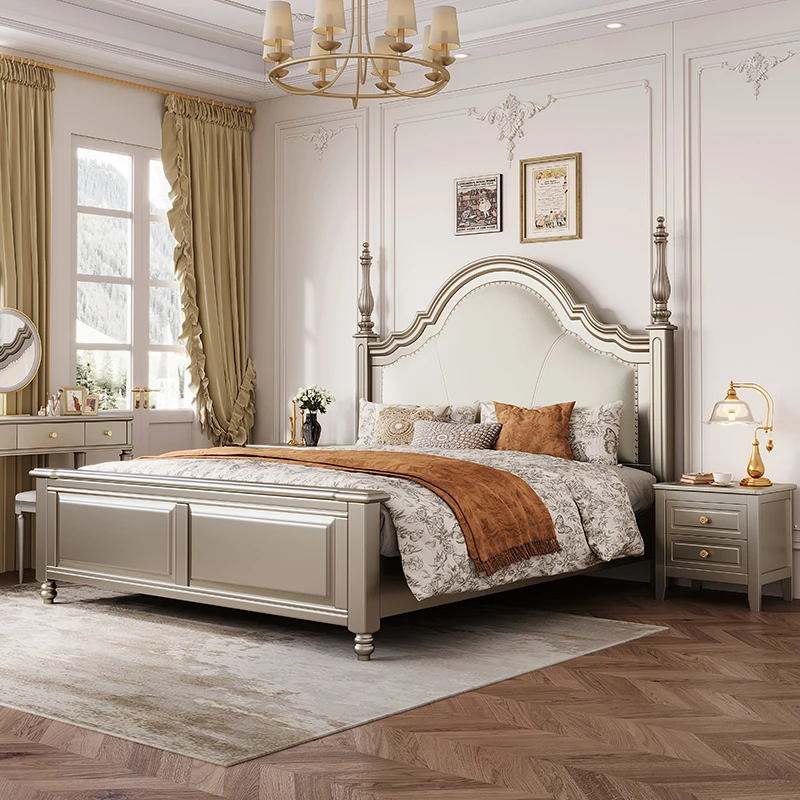 

French bed 2m x 2m 2 double beds light luxury master bedroom silver premium leather American solid wood bed