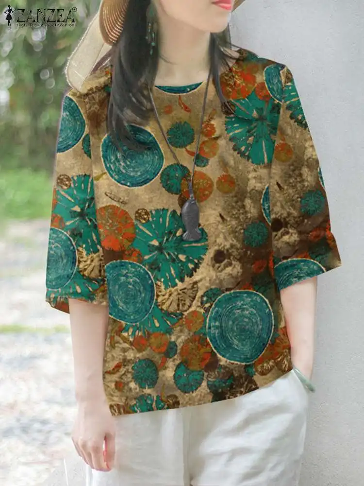 ZANZEA Women Cotton Linen Blouses Elegant Floral Printing Blusa 2024 Summer Retro Fashion 3/4 Sleeve Casual Tunic Round Neck Top