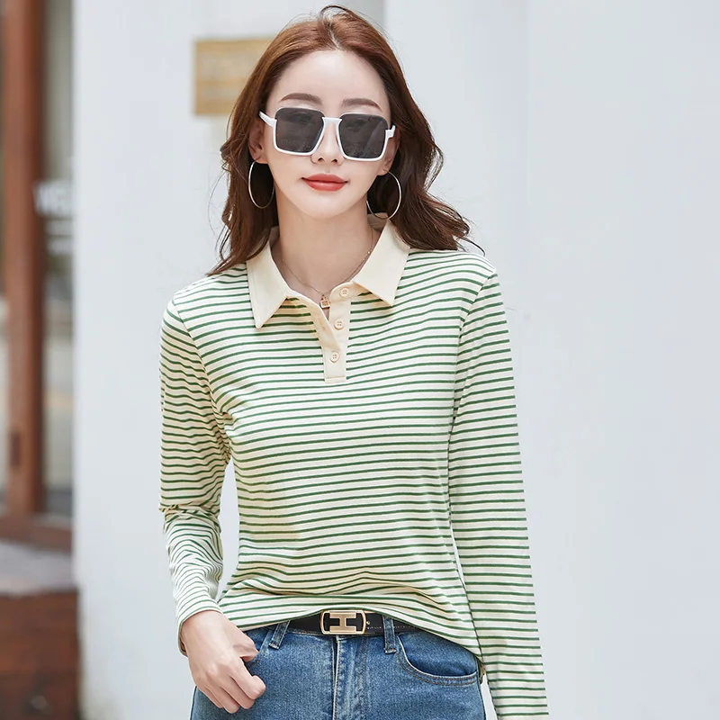 Spring Long Sleeve Striped Polo Shirt Women Cotton Stretch Fashion Summer Autumn Elegant Knitted Polo T-shirt For Women 2024