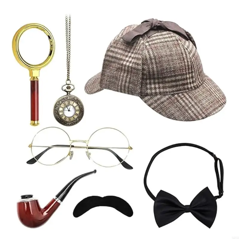 2025 Neues 7PCS -Detektivkostümzubehör für Erwachsene Detective Hat Man Inspector Kostüm für Maskerades Halloween Cosplay