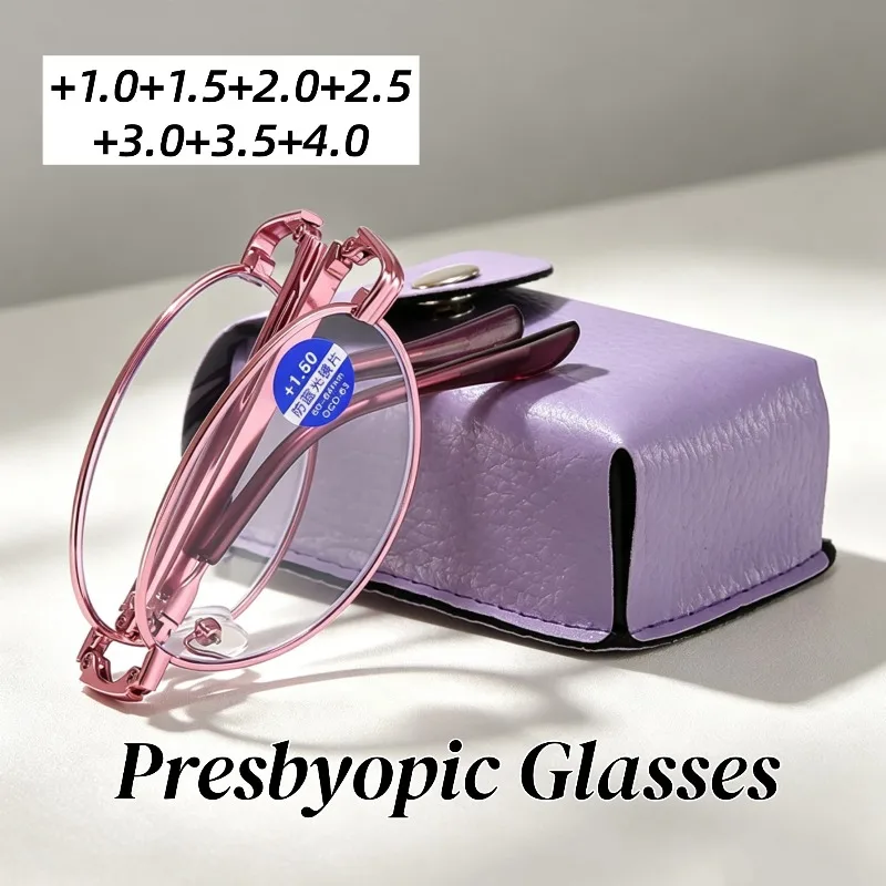 New Fashion Elegant Foldable Women's Presbyopia Eyewear Classic Oval Frame Anti Blue Light Reading Eyeglasses with Storage Case