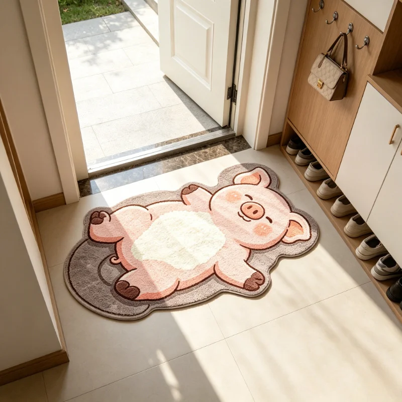 VIKAMA Cute Piggy Alien Patterned Carpet Soft and Easy to Clean Bedside Rug for Bedroom Bathroom Door Mat Home Decoration