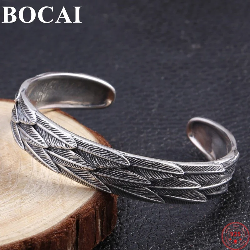 

BOCAI S925 Sterling Silver Charms Bracelets for Women Men New Fashion Retro Feather Totem Bangle Hand Jewelry Free Shipping