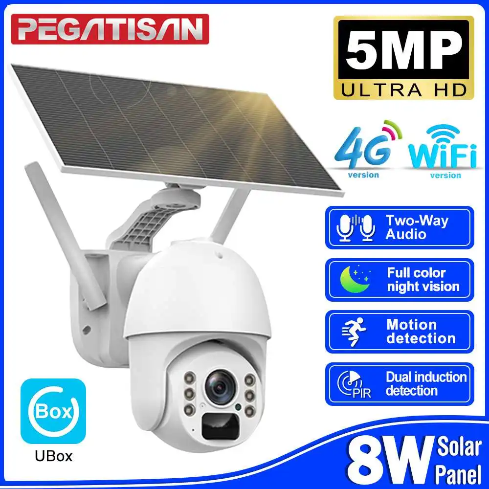 

PEGATISAN 5MP HD 4G SIM Card Solar Panel Outdoor Monitoring CCTV Camera WiFi Battery PIR Human Detection Waterproof Security Cam