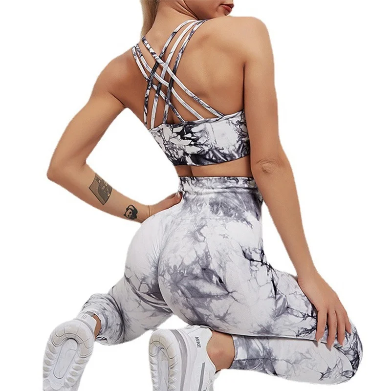 Print Stretchy Leggins Women Casual Sprotswear Slim Tracksuit Jogger Sportswear Fitness Suit Tie Dye Female Clothing Yoga Set