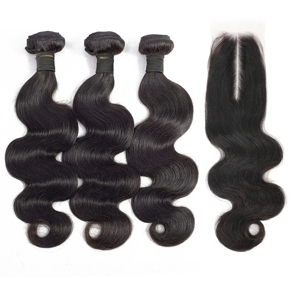 Body Wave Human Hair Bundles Virgin Brazilian Body Wave Bundles with Closure 100% Unprocessed Remy Hair Bundles 2x6 Lace Kim K