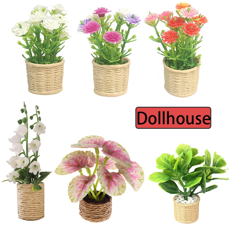 1:12 Dollhouse Miniature Daisy Mint Tree Flowers Pot Mini Green Plant Potted Plant Simulation Tree Model Home Garden Decor Toys