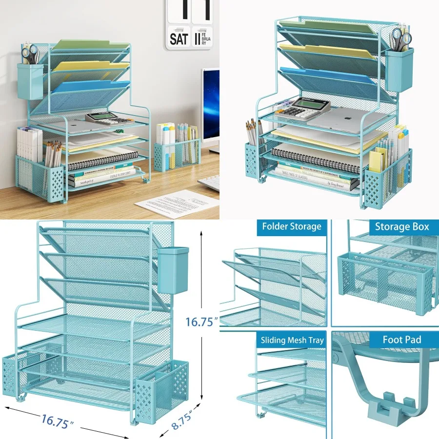 

7 Tier Desk File Organizer with Pen Holder and Metal Hanging Basket for Office or Home Workspace Efficient Letter Tray Paper Or