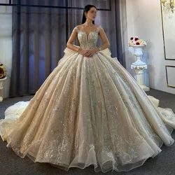 New Court Train Wedding Dresses Sleeveless O-Neck Sequins Pearls Bridal Gowns Custom Made Backless Women Vestidos De Novia