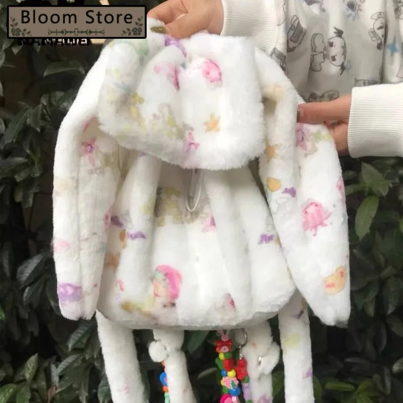 

Japanese Cartoon Print Fluffy Chic Backpack Women Kawaii Cute Rabbit Ears Backpacks Girls Students Fashion Ins Schoolbags Trendy