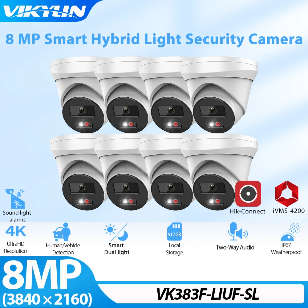 VIKYLIN 8MP Security Camera For Hikvision OEM Motion Detection Sound light Alarm Two Way Audio video Surveillance POE IP Camera