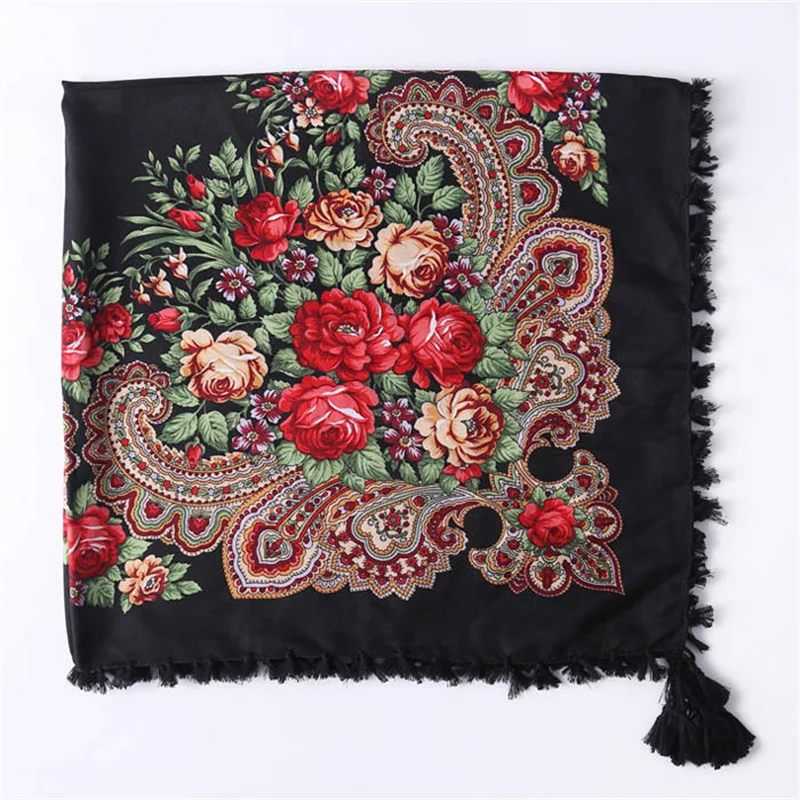 90*90cm Knot Tassel Russian Style Floral Print Square Scarf Women Traditional UKrainian Polish Shawl Babushka Bandana Head Wraps