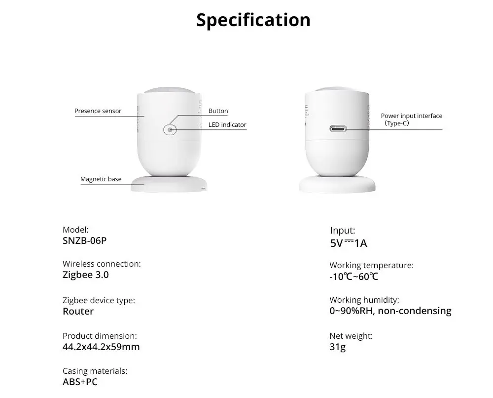 SONOFF-Sensor de presencia humana SNZB06P Zigbee, dispositivo de detección de Radar de microondas de 5,8 GHz, funciona con Alexa, Google Home, IFTTT HA