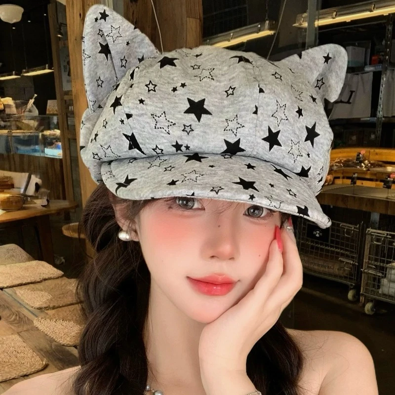 Frühlings- und Herbst-Sternen-Jacquard-Katzenohren-Achteckige Newsboy-Mütze für Damen, Koreanische Süße und Niedliche Baskenmütze, Weiche Krempe, Malermütze für Große Köpfe – Detail 2