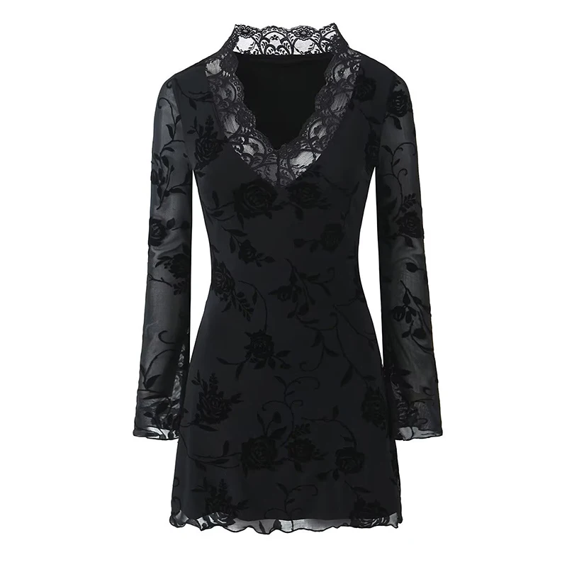 YENKYE Autumn Women Flocking Black Floral Lace Patchwork Sexy Dress Long Sleeve V Neck Package Hip Mini Robe Female Vestidos