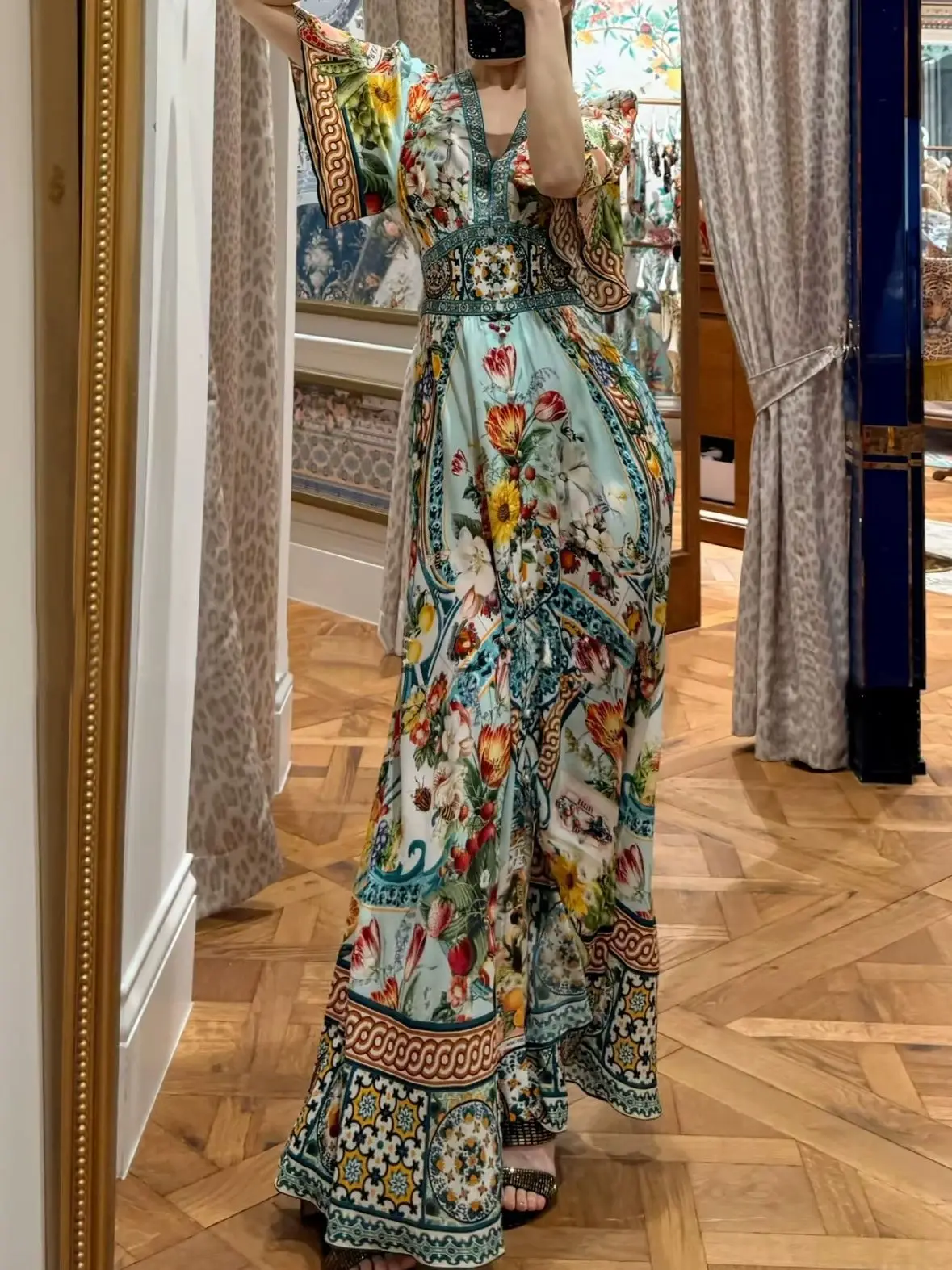 Women Fruit Pattern Print Long Dress Summer Beaded V-Neck Short Sleeve Elastic Waist Fashion 100% Silk Robe
