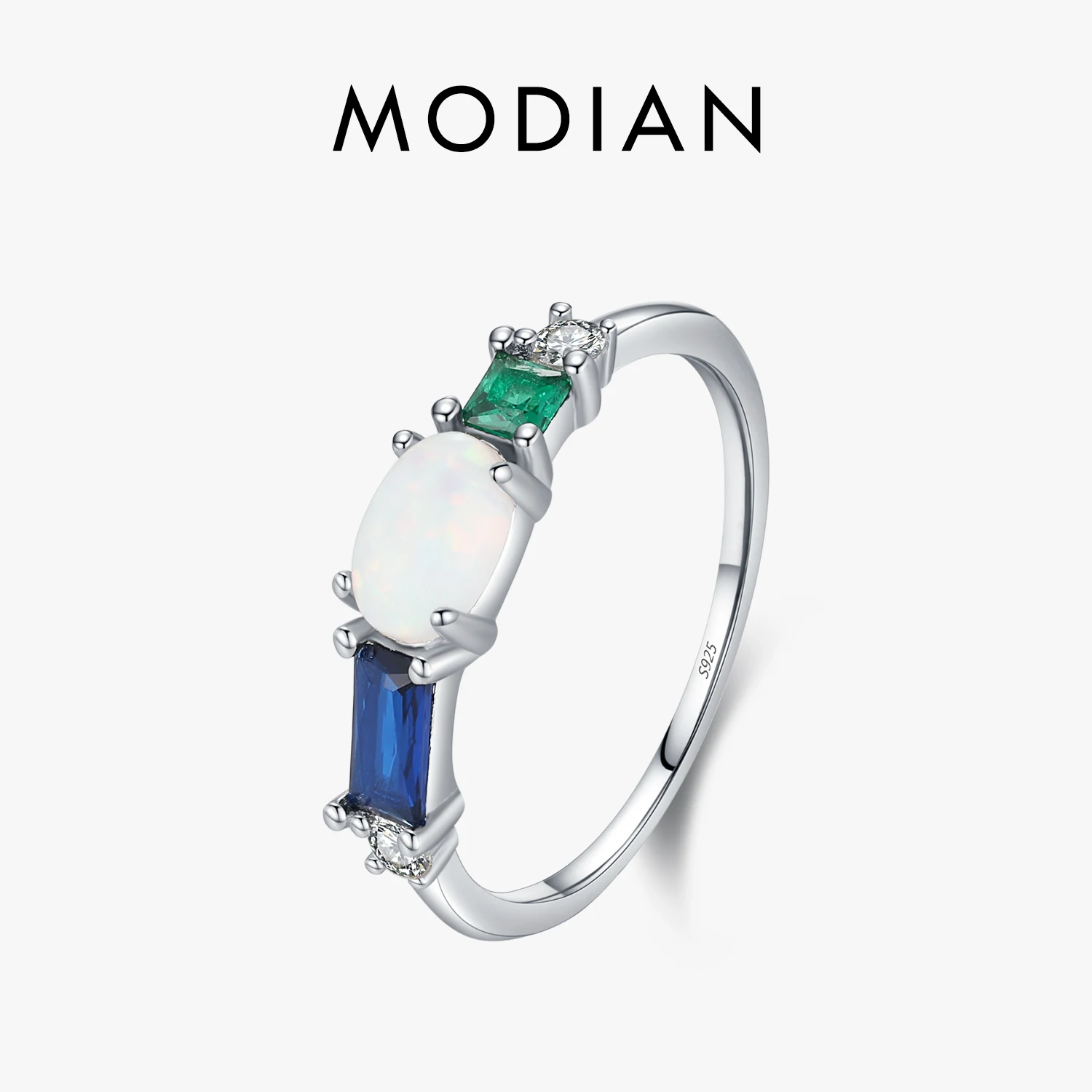 

MODIAN 925 Sterling Silver Opal & Colorful Zirconia Luxury Finger Ring Platinum Plated Stackable Trendy Jewelry For Women