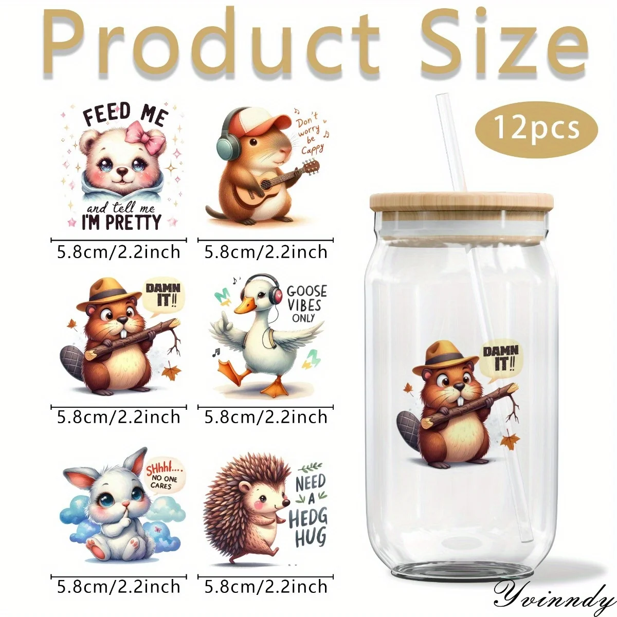 12Pcs/Set Humorous Animal Quotes Glass Jar UV DTF High Self-Adhesive Transfer Paper Is Suitable For Decorating Cups And Bottles