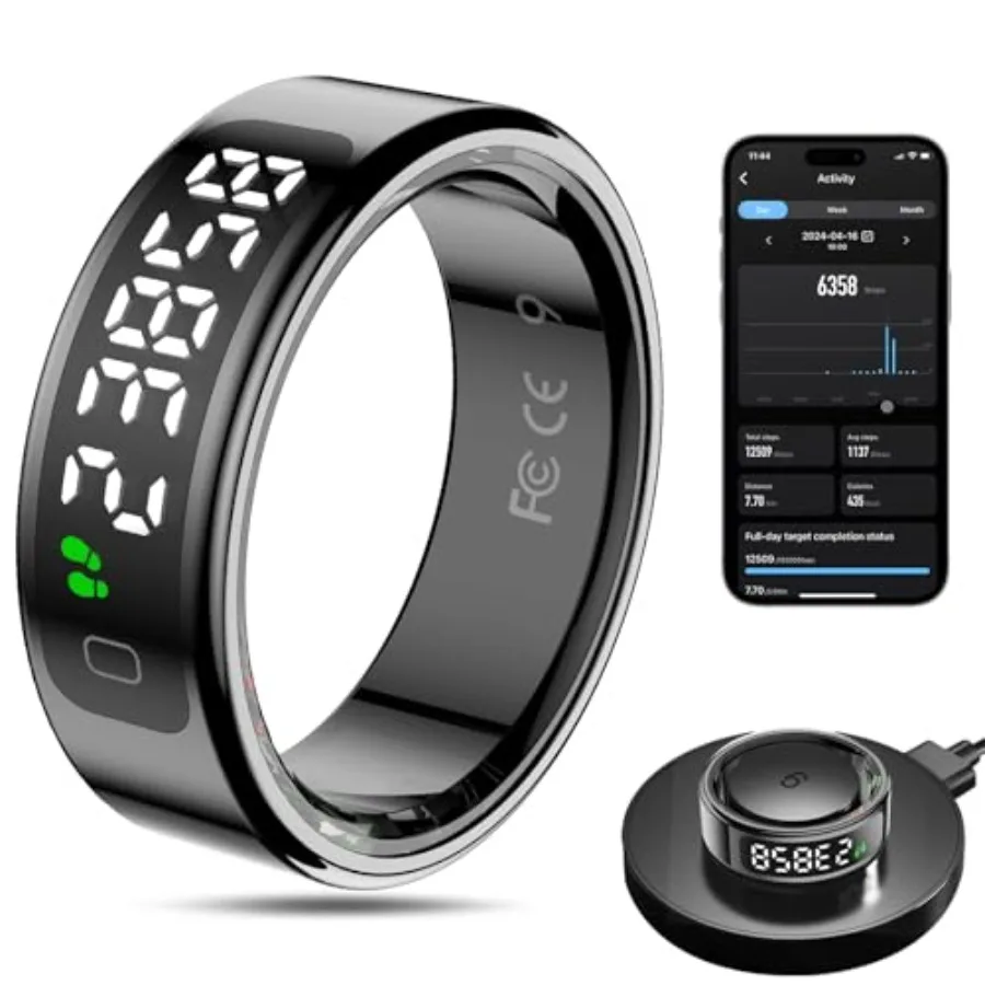 

Smart Ring Health Tracker for Men/Women with LED Display Screen Fitness Ring Sleep Tracker Fast Charging Pedometer Exercise Hea